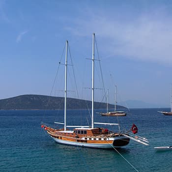 Two gullets sailing on a water with hills in the background