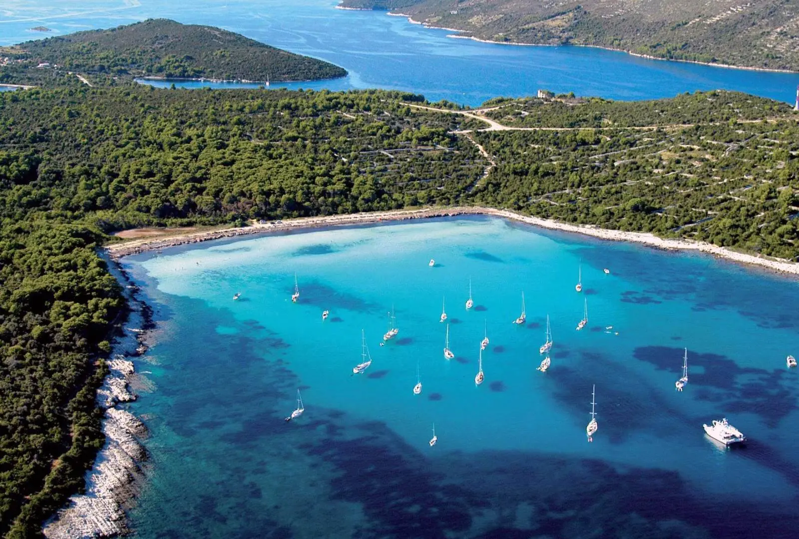 Pakleni islands coast with many yachts sailing