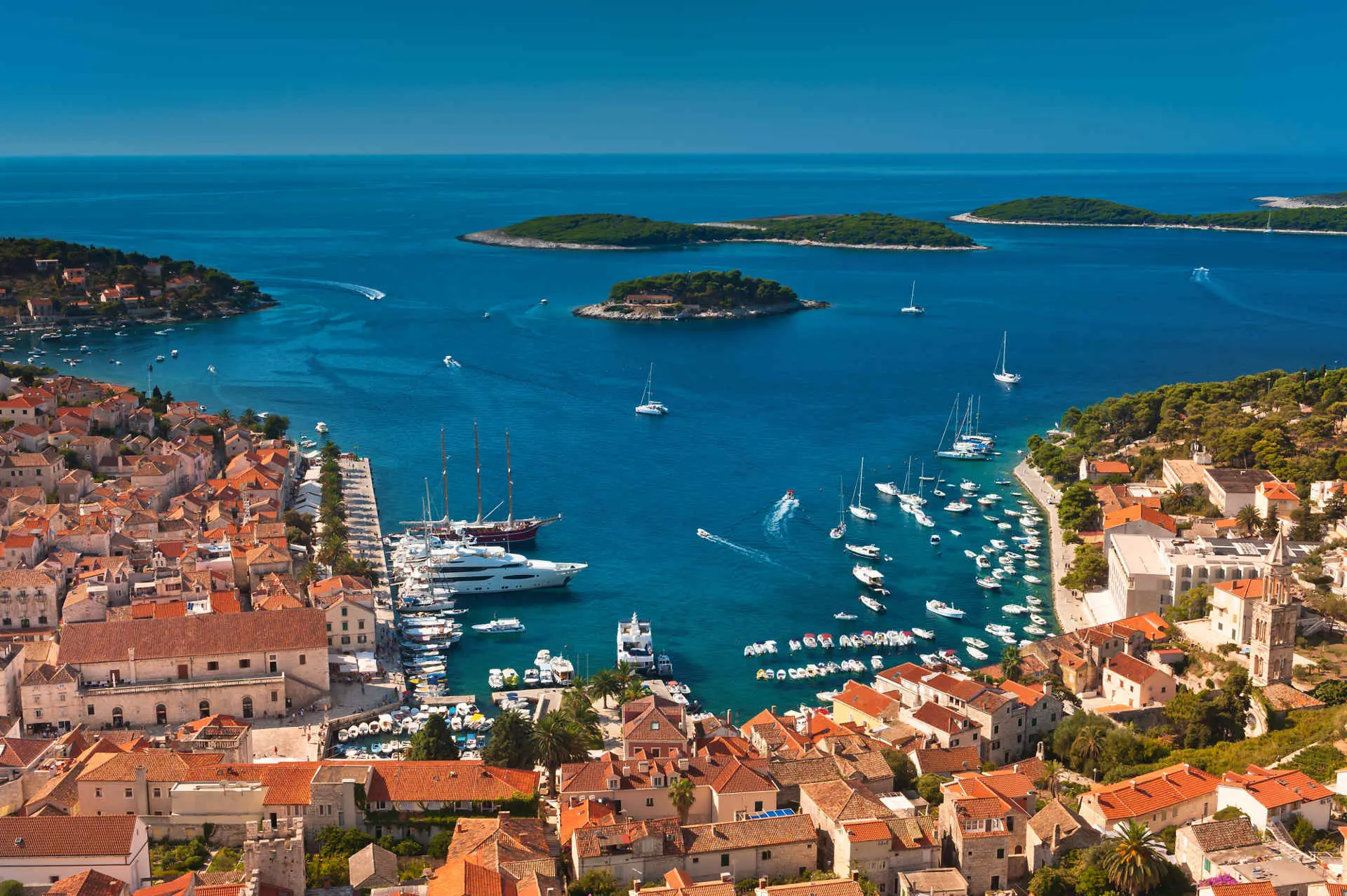 Hvar Island in Croatia with marina view and many yacht in the sea